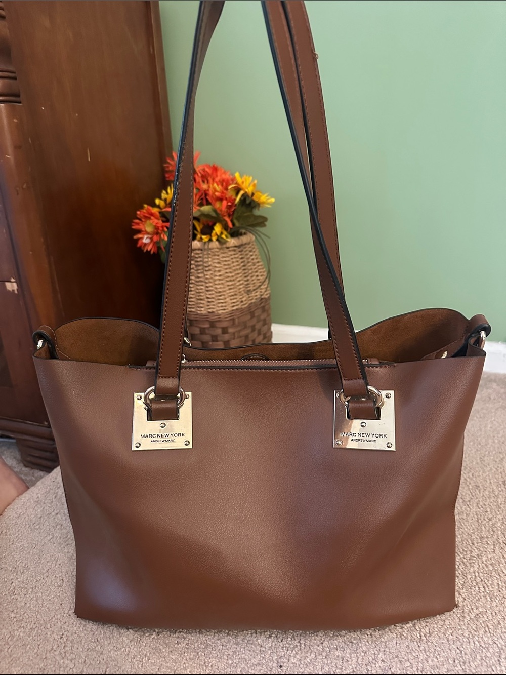 Marc New York Chestnut Brown Leather Tote with Gold Hardware